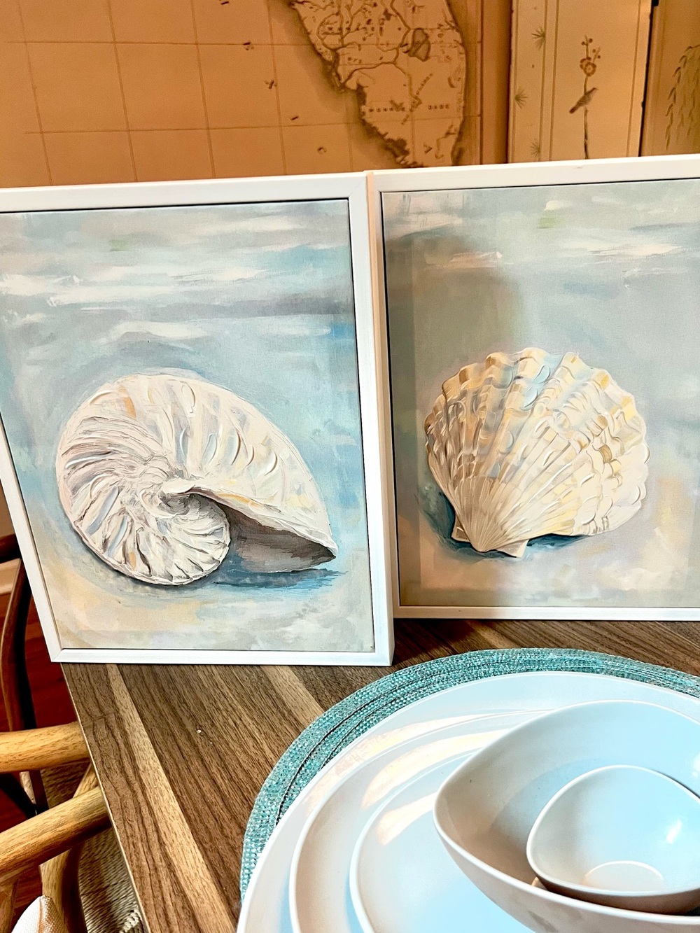 Coastal Shell Wall Art Set Framed Nautilus & Scallop Beach House Decor 14” x 11”